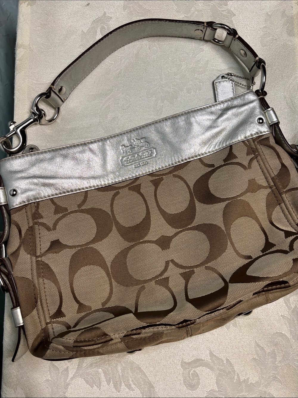 Coach Signature Jacquard Canvas Zoe Hobo Bag with leather trim